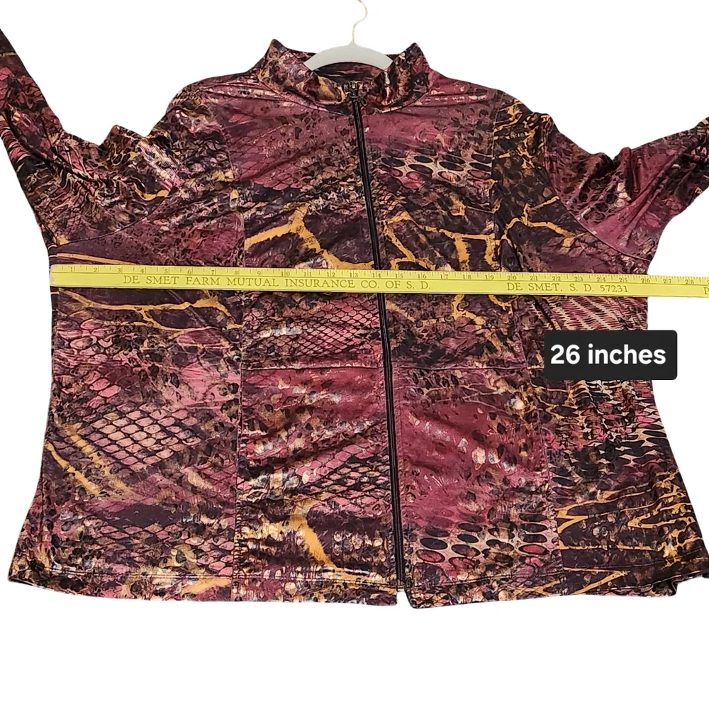 SUSAN GRAVER Zip Front Jacket Womens Plus 2X Red Brown Animal Snake Print Shiny - Picture 12 of 13